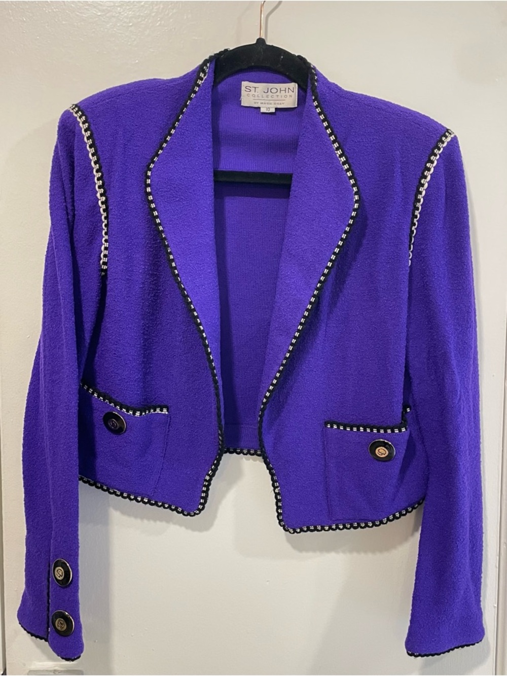 St. John Vibrant Purple Cropped Knit Blazer with Contrast Trim